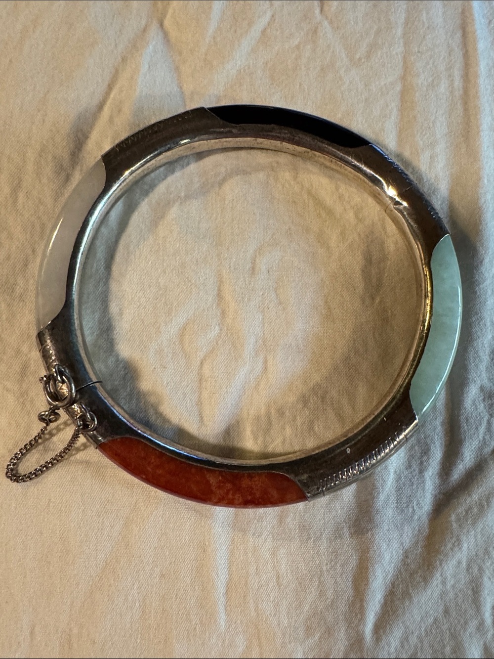 Sterling Silver Marked HARD TO FIND Vintage Outstanding multi-Jade Bangle
